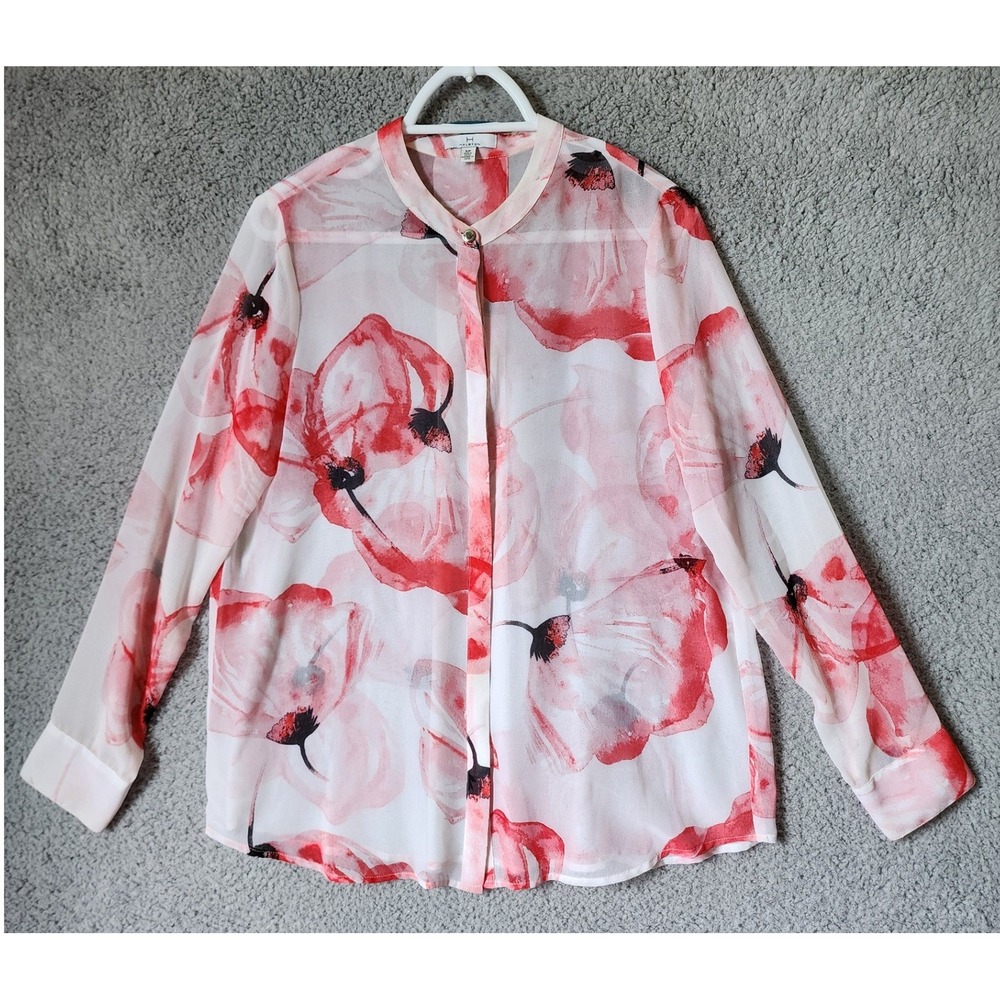 Halston Floral Blouse Women Small White Red Sheer Long Sleeve Button Front Top